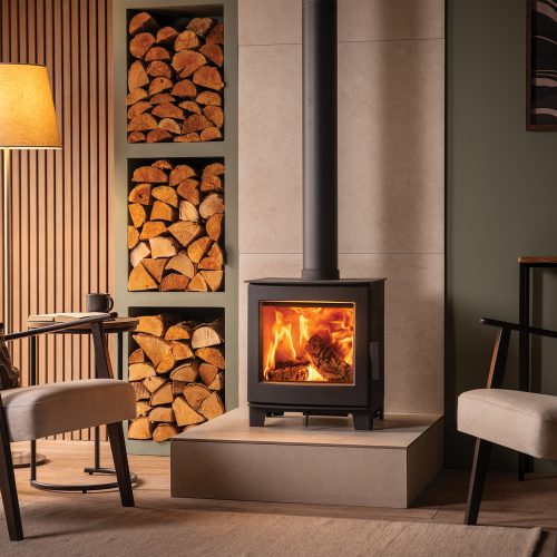 FireFX Echo 5 wood-burning stove in a contemporary fireplace setting
