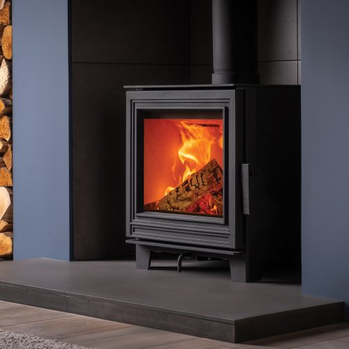FireFX Eton 5 wood-burning stove in a contemporary fireplace setting